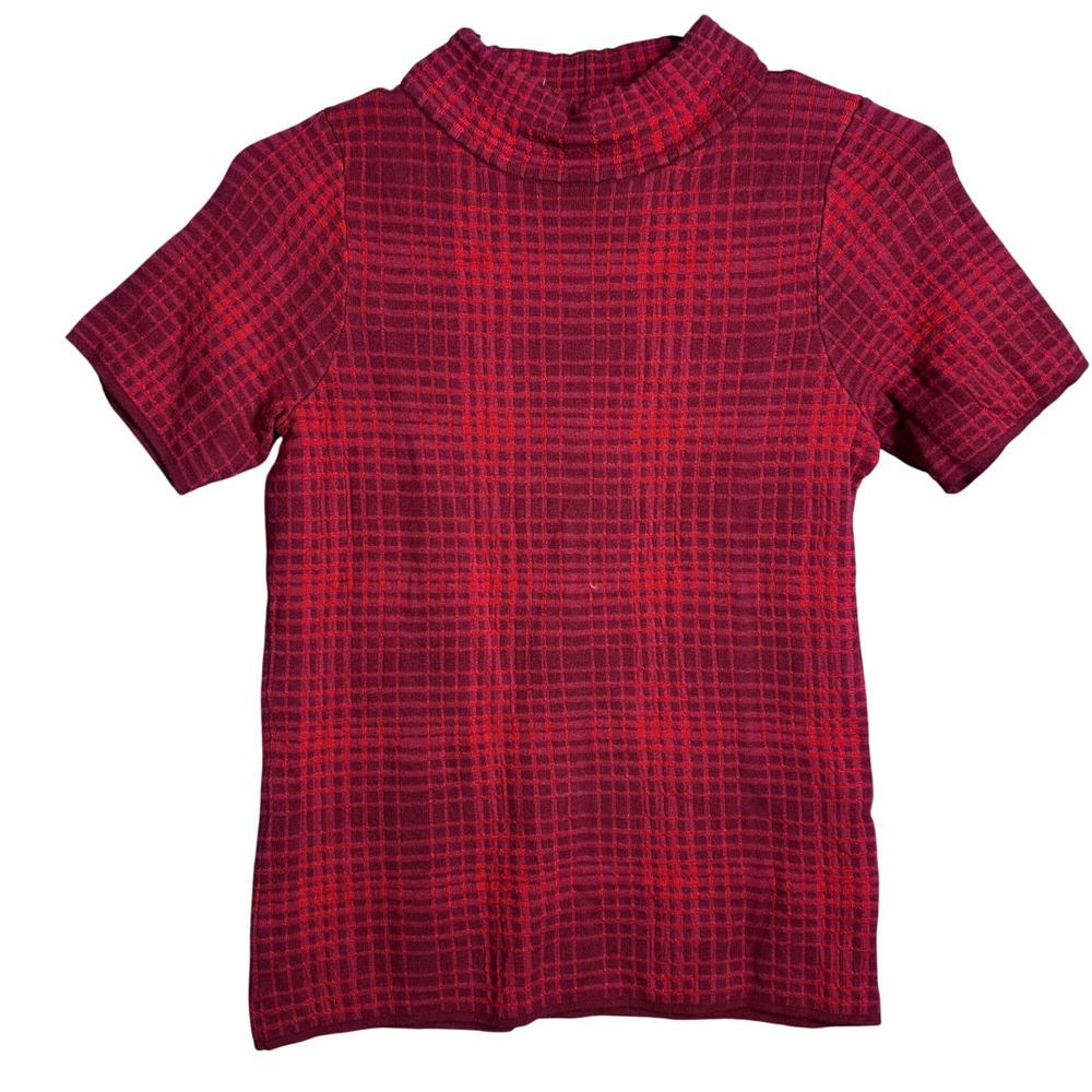 Field Flower Red Plaid Mock Neck Short Sleeve Knit Top Women's XS boho chic